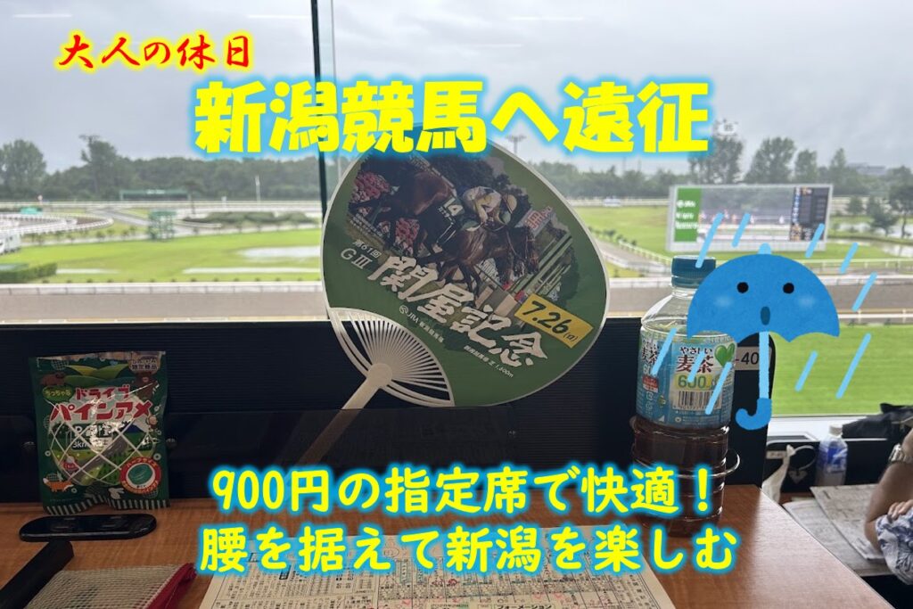 新潟競馬場の指定席からの風景。窓越しに見える競馬場の手前に「大人の休日 新潟競馬へ遠征」「900円の指定席で快適!」のテキストと、関屋記念のうちわ、ペットボトルのお茶、お菓子が置かれている様子。
